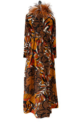 Early 1970s Bill Blass Couture Hand Beaded Lion Print Dress w Elaborate Feather Collar