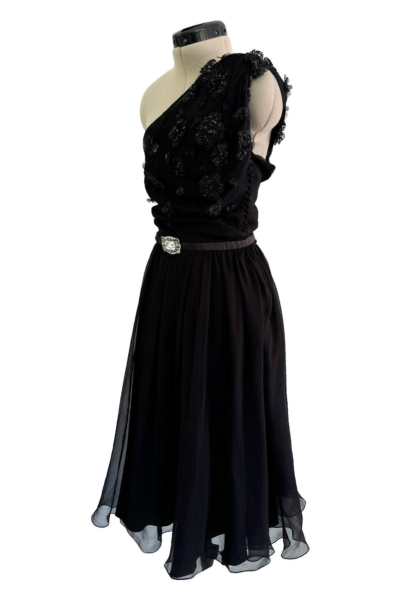 Spectacular Cruise 2008 Christian Dior by John Galliano Embellished One Shoulder Black Silk Chiffon Dress