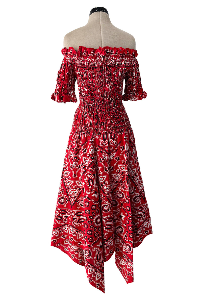 Amazing 1971 Oscar de la Renta Bandana Handkerchief Dress w Elastic Off Shoulder Bodice