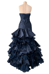 Resort 2011 Oscar de la Renta Runway Deep Blue Strapless Silk Dress w Elaborate Ruffled Skirt