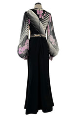 Prettiest 1970s Leonard Paris Printed Silk & Black Jersey Dress w Plunge Front