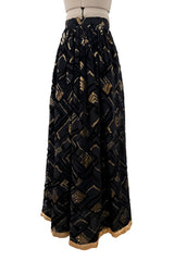 Fantastic 1970s Adolfo Black SIlk Chiffon Velvet & Gold Eyelash Detailed Skirt