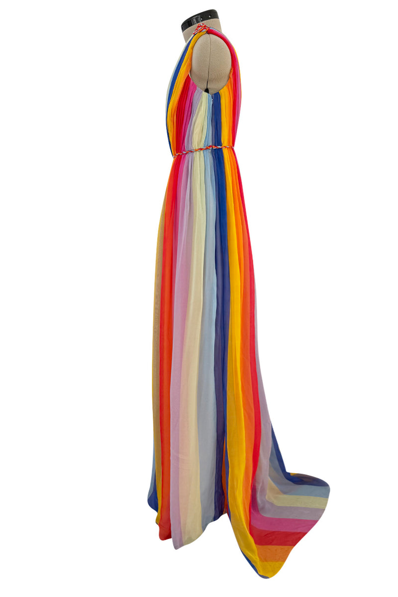 Resort 2019 Carolina Herrera by Wes Gordon Look 7 One Shoulder Rainbow Stripe Silk Chiffon Dress