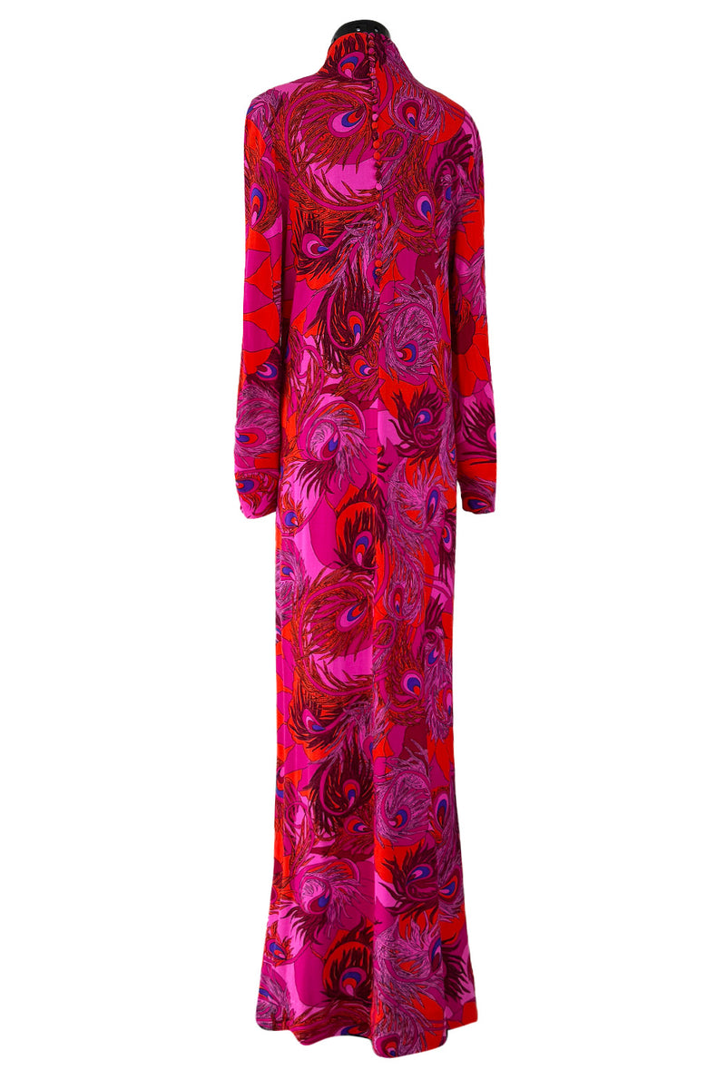 1972 La Mendola 'Paridiso' Peacock Feather Print Deep Pink Silk Jersey Dress