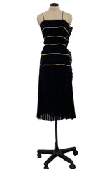 Incredible Spring 1988 Chanel by Karl Lagerfeld Runway Black Pleated Silk Chiffon Dress w Chain Detailing