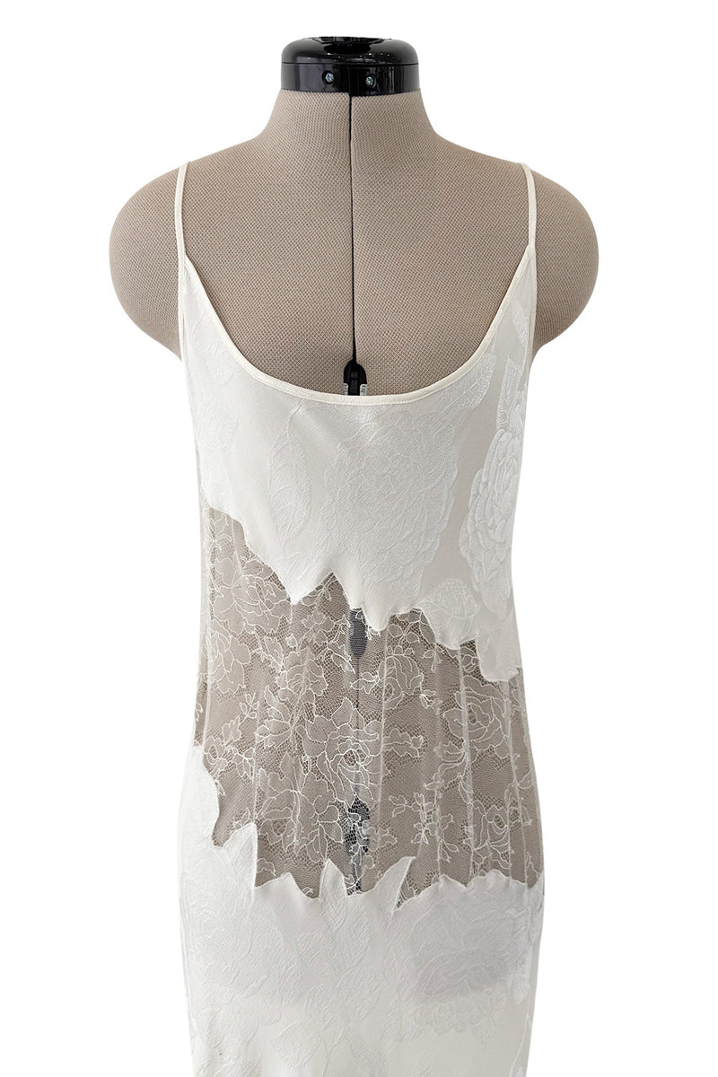 Prettiest 1990s Valentino Ivory Bias Cut Silk Lace Slip w Lace Inset & Floral Weave