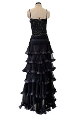 Exquisite Fall 2003 Valentino Beaded Floral Bodice Dress w Ruffled Silk Chiffon Skirting