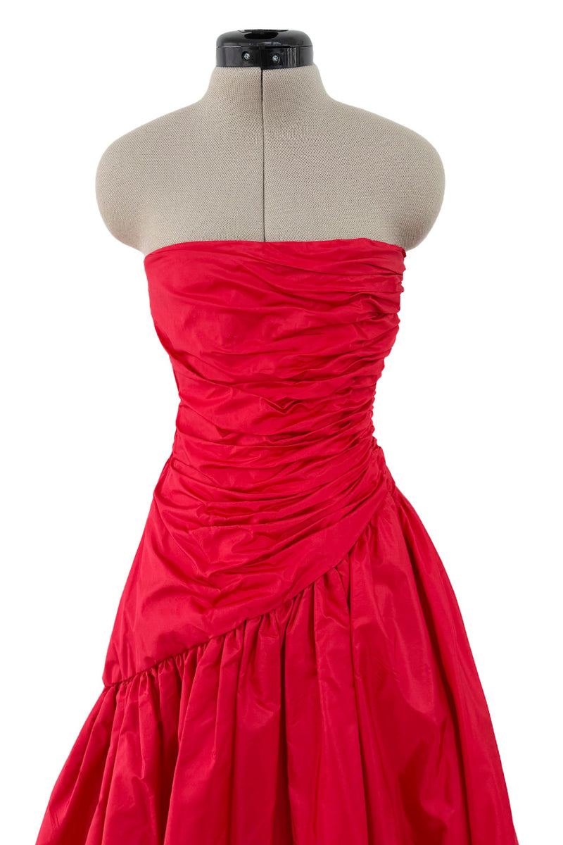 Late 1970s Unlabeled Strapless Red Silk Dress w Gathered Bodice & Full Skirt