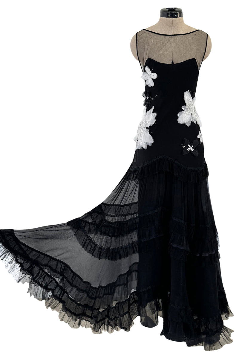 Beautiful Fall 2005 John Galliano Bias Cut Black Silk Dress w Hand Applied Silk Flowers