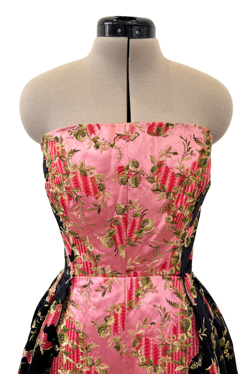 Dreamy 1960s Unlabeled Strapless Black Dress w Front Pink Panel &  Floral Embroidery