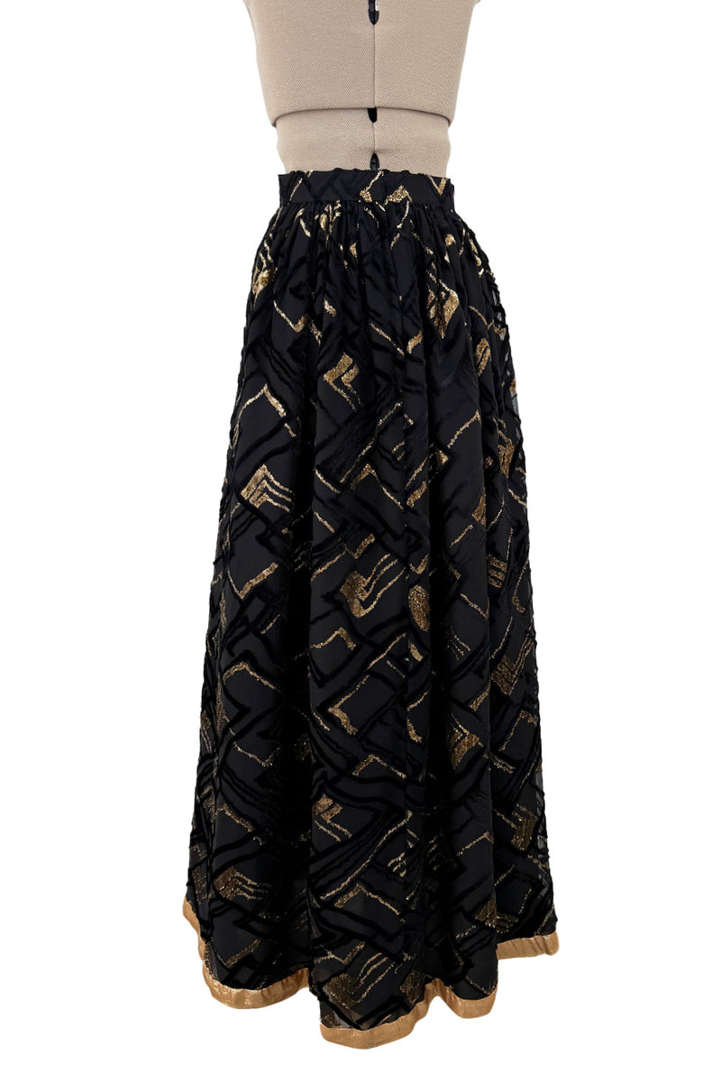 Fantastic 1970s Adolfo Black SIlk Chiffon Velvet & Gold Eyelash Detailed Skirt