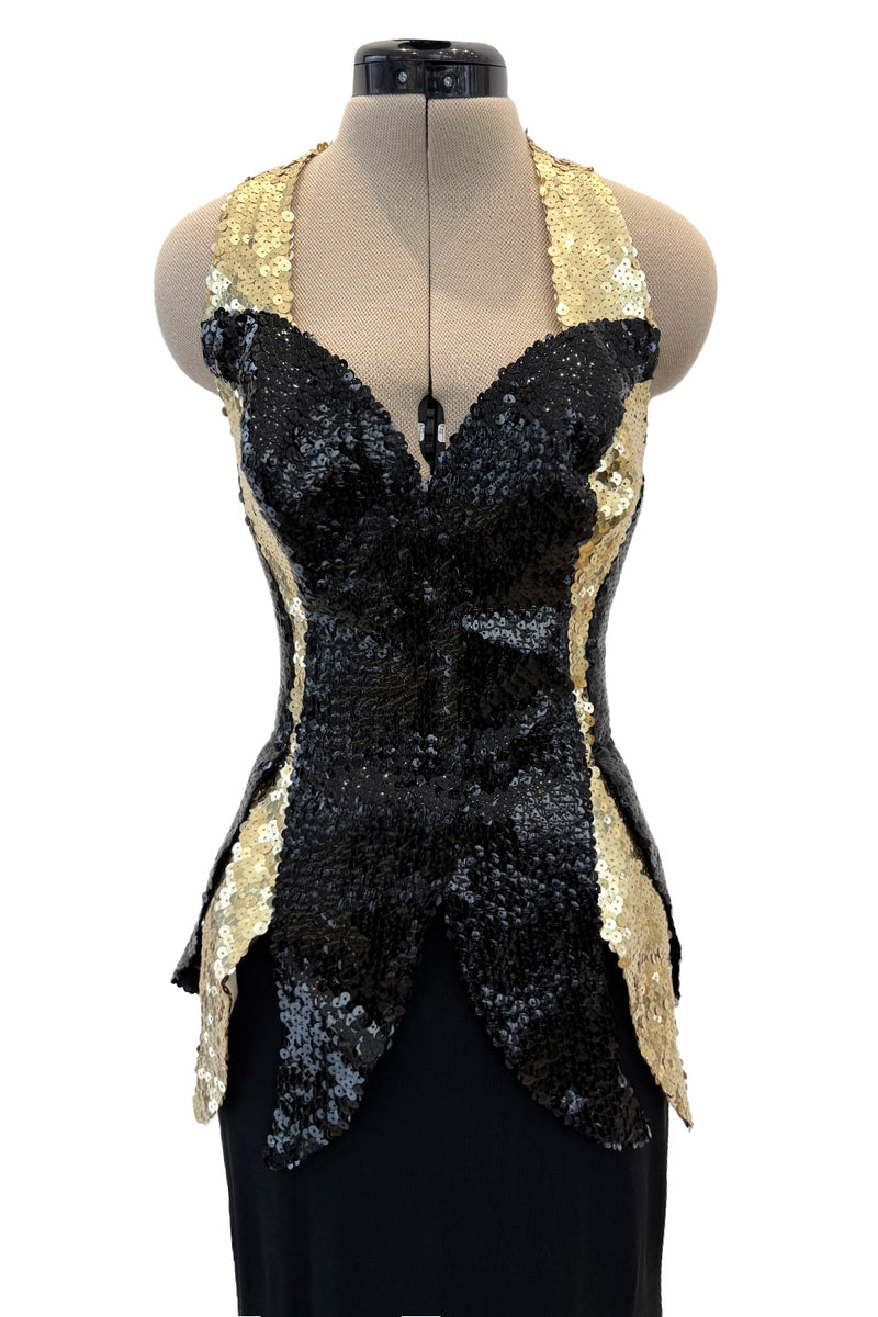 c.1973 Loris Azzaro Backless Black Jersey Dress w Gold & Black Sequin Flame Halter Top