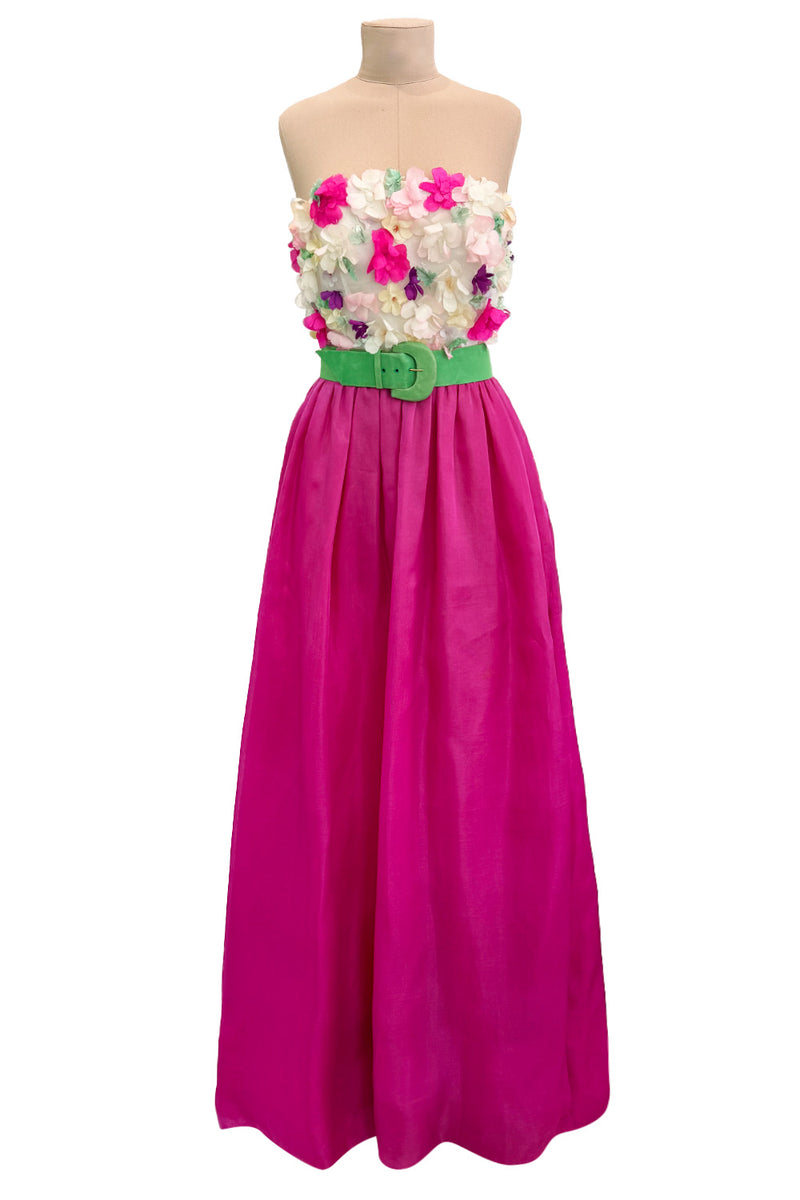 Dreamy 1982 Givenchy Strapless Silk Dress w Floral Appliques & Brilliant Full Pink Skirt