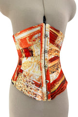 Amazing Spring 2003 Roberto Cavalli Printed Silk Lace Up Corset with Metal Stays & Hook Front