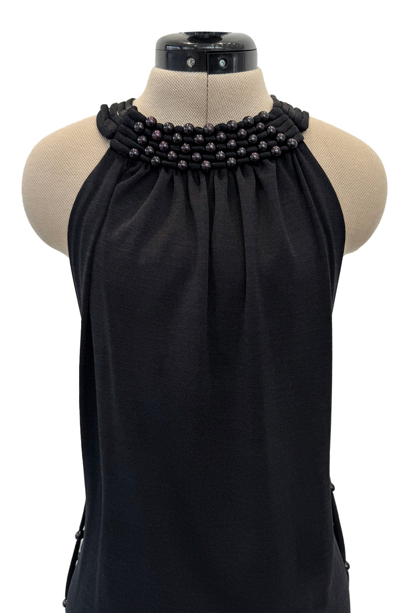 Rare Fall 1971 Loris Azzaro Black Jersey Dress w Bead & Crisscross Backless Dress