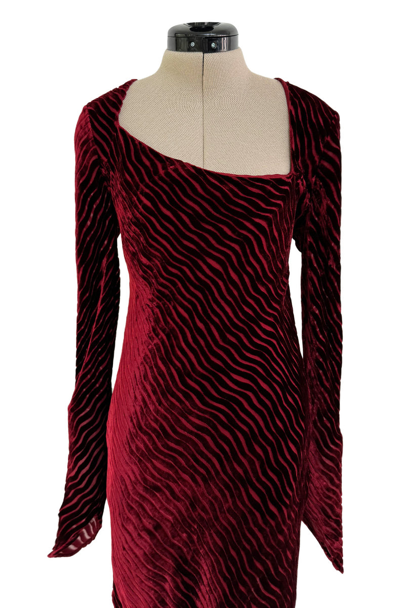 Fall 1994 Karl Lagerfeld Runway Deep Red Cut Velvet Bias Cut Dress w Angled Hem