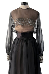 Dreamy 1960s Roger Freres Black Silk Organza Dress w Rhinestone Detailing