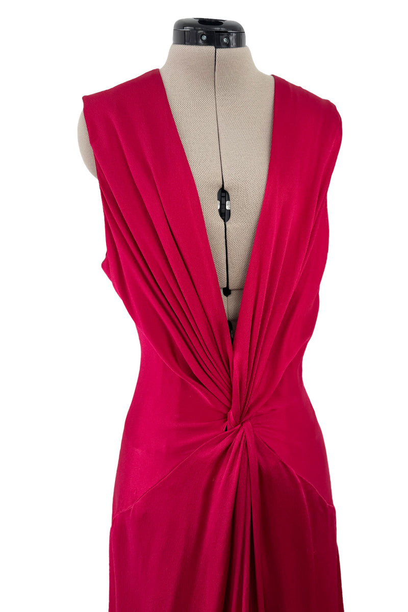 Spring 2008 Alexander McQueen Draped Red Silk Dress w Twisted Deep Front Plunge