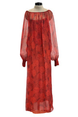 1970s Christian Dior by Marc Bohan Deep Coral Silk Chiffon Caftan Dress w Sash