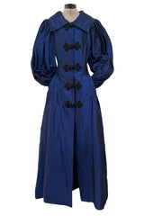 1980s Oscar de la Renta Iridescent Silk Taffeta Blue Coat or Dress w beaded Frog Knots