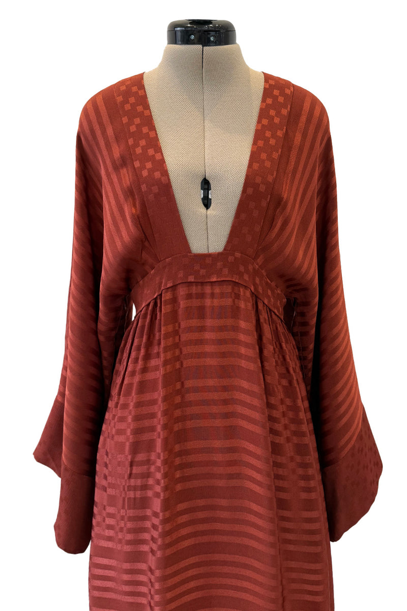 1970s Jean Varon Rust Clay Coloured Silk Wide Sleeve Dress w Plunge Front