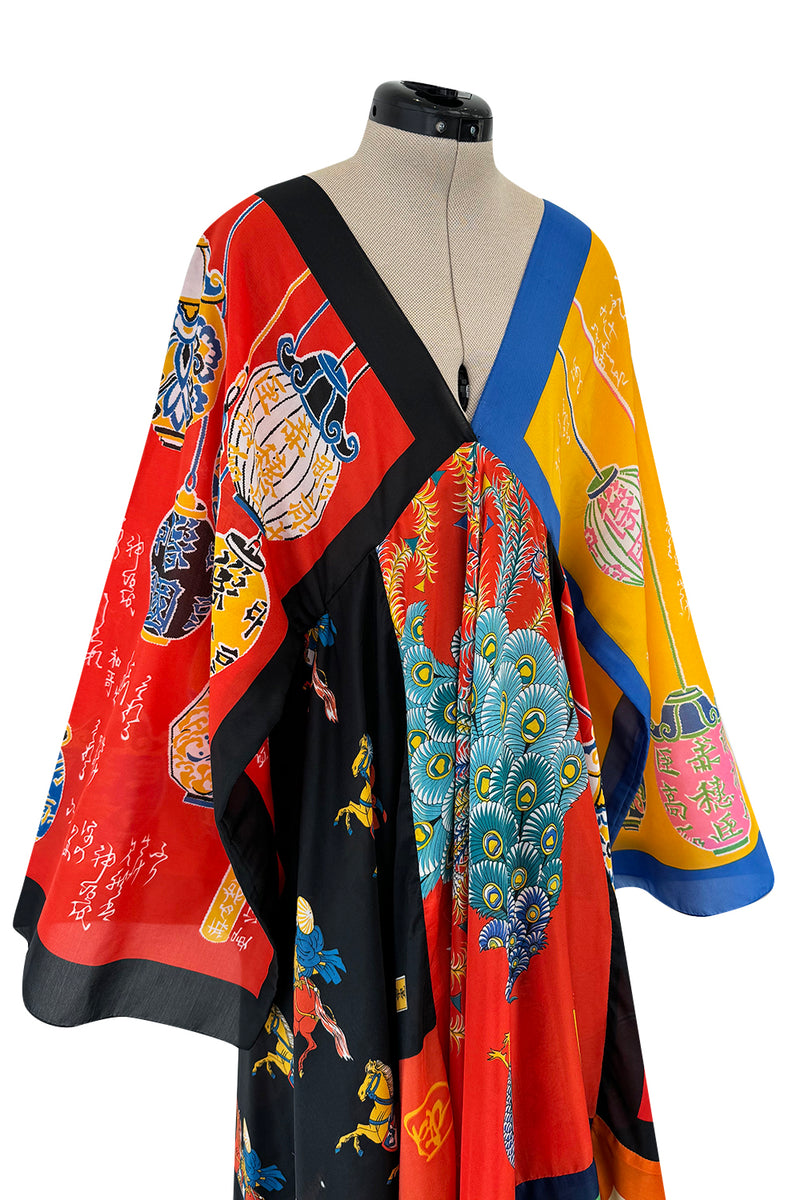 Iconic 1972 LaVetta Multi Scarf Printed Silk Caftan Dress w Wide Sleeves