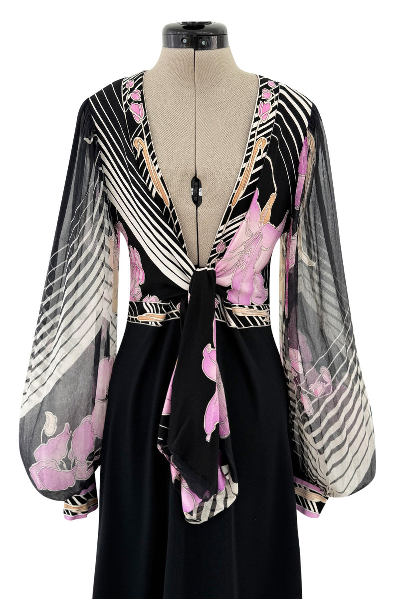 Prettiest 1970s Leonard Paris Printed Silk & Black Jersey Dress w Plunge Front