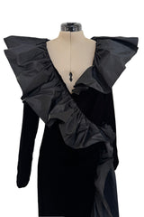 Amazing Fall 1984 Yves Saint Laurent Runway Silk Taffeta Ruffle & Velvet Wrap Dress