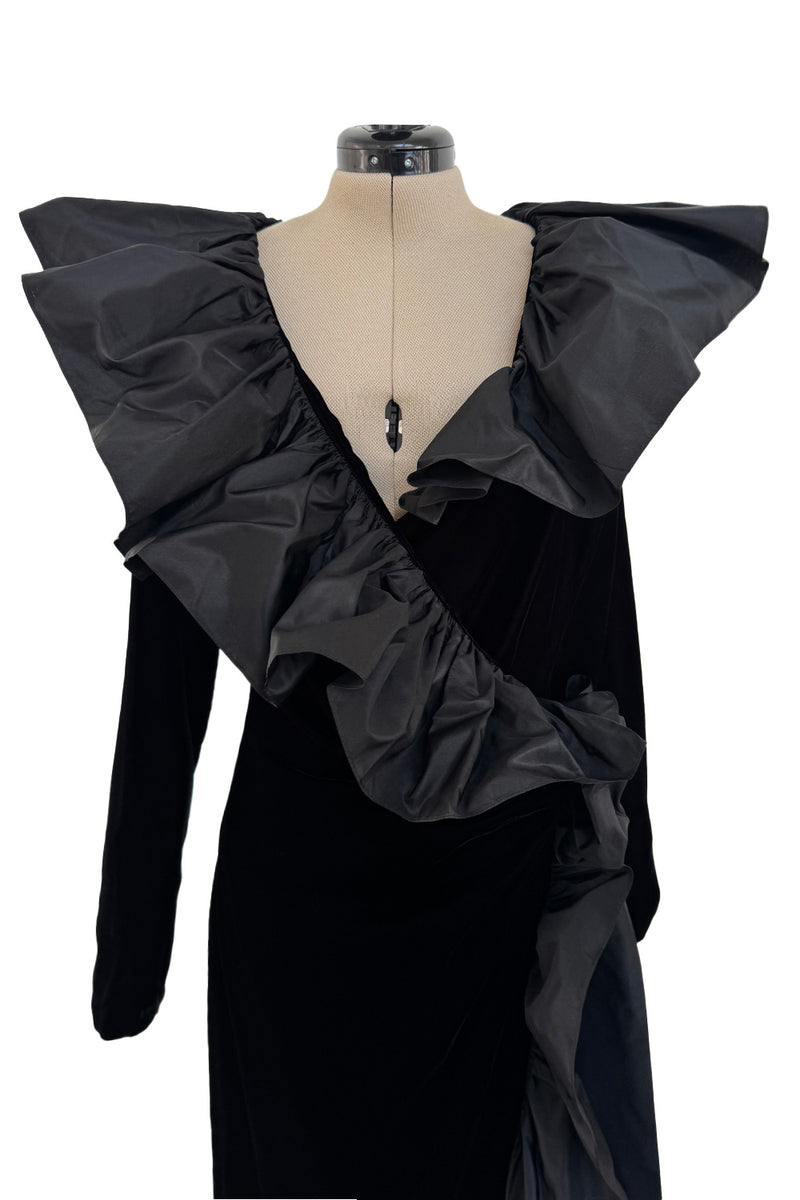 Amazing Fall 1984 Yves Saint Laurent Runway Silk Taffeta Ruffle & Velvet Wrap Dress