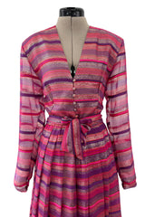 Prettiest 1980s Hanae Mori Pink Striped Silk Chiffon Dress w Metallic Gold Thread