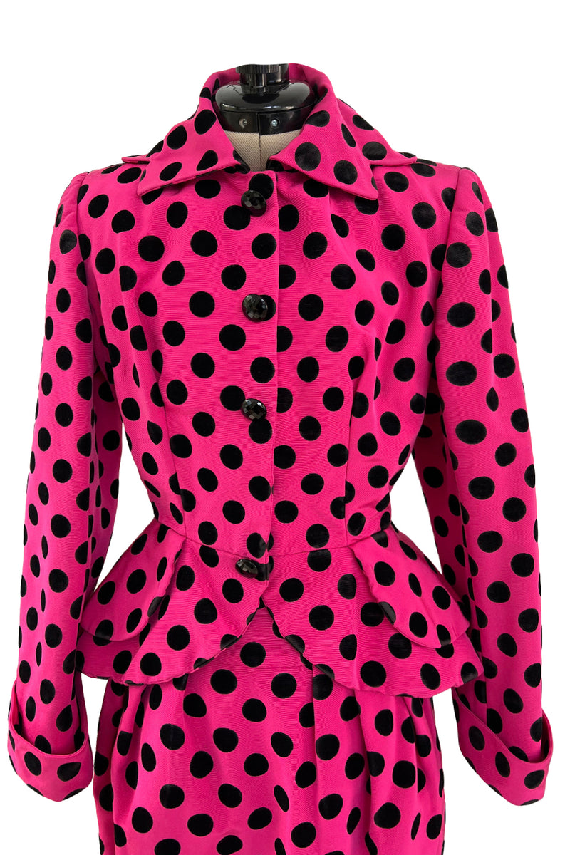 Rare 1988 Christian Lacroix Demi-Couture Luxe Pink & Black Dot Silk Suit