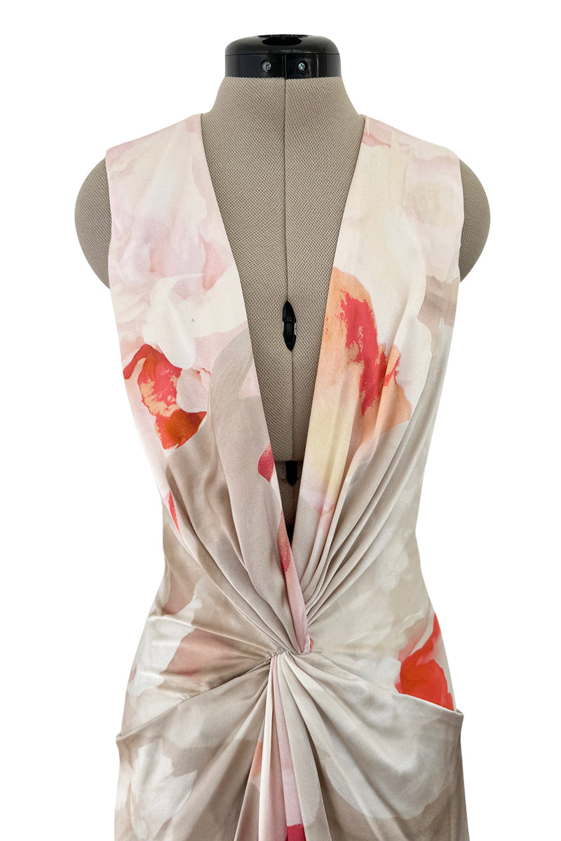 Beautiful 2010 Alexander McQueen Draped Silk Dress w Oversized Soft Floral Print & Deep Front Plunge