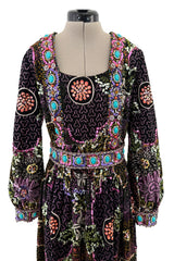 Amazing 1970s Valentina Inc. Elaborate Sequin & Bead on Printed Felt Dress