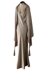 Spectacular Spring 2000 John Galliano Deep Pewter Coloured Bias Cut Silk Dress w Matching Fringed Shawl