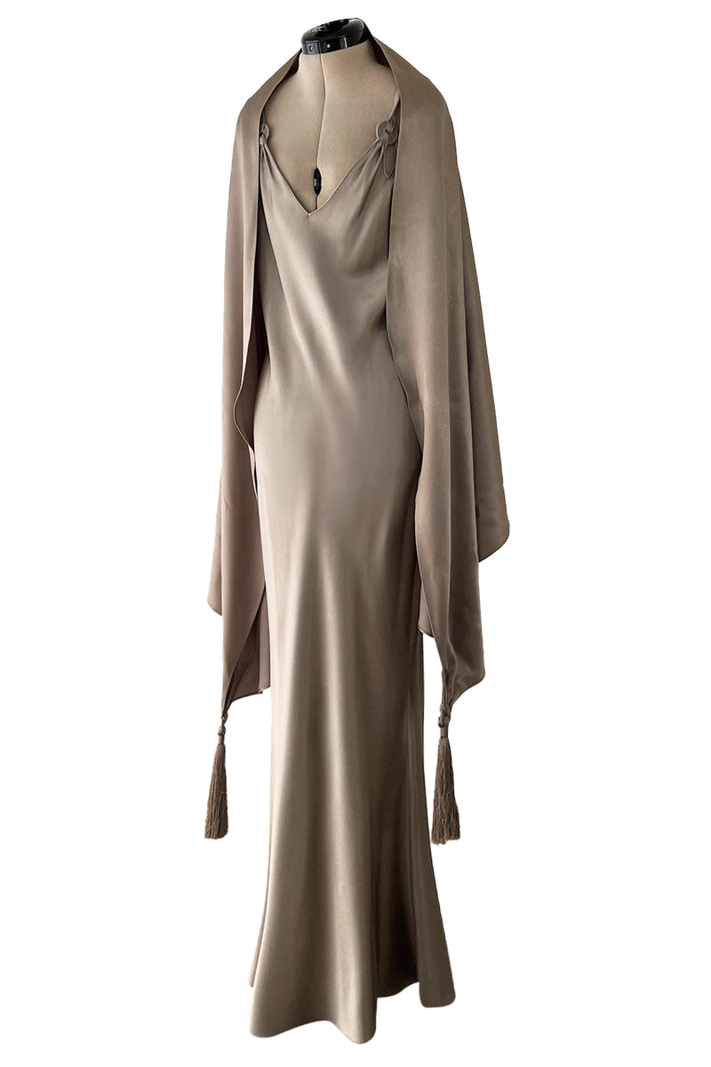 Spectacular Spring 2000 John Galliano Deep Pewter Coloured Bias Cut Silk Dress w Matching Fringed Shawl