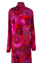 1972 La Mendola 'Paridiso' Peacock Feather Print Deep Pink Silk Jersey Dress