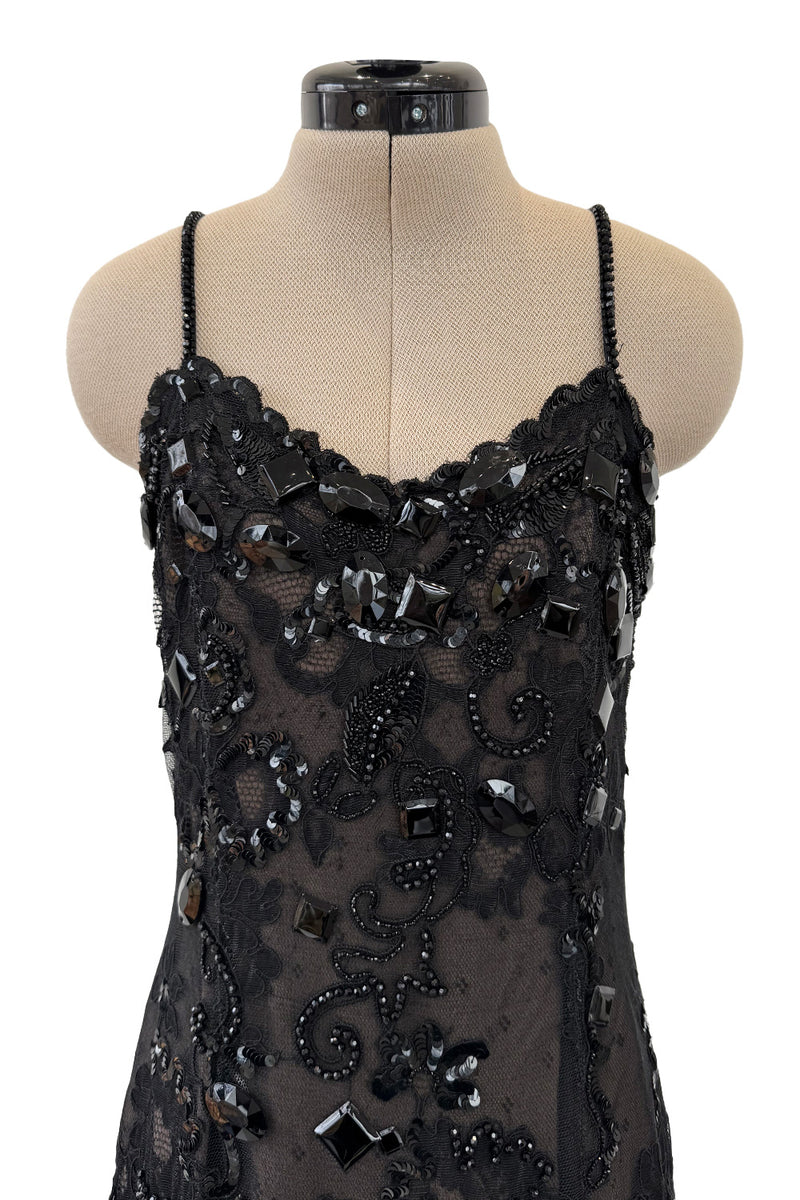 1970s Christian Dior by Marc Bohan Demi-Couture Elaborately Beaded Black Lace Net Dress