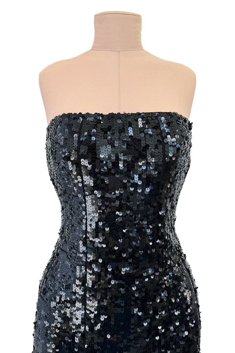 Incredible 1980s Bob Mackie Strapless Black Sequin Dress w Slight Train