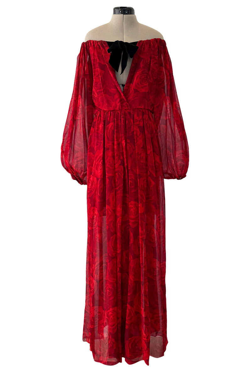 Beautiful Fall 1994 Yves Saint Laurent Red Rose Print Off Shoulder Dress w Velvet Bow