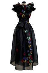 Prettiest 1960s Possible Christian Dior Floral Print Silk Organza Dress w Ruffled Shoulders