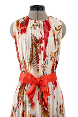 Prettiest 1980s Bill Blass Pleated Silk Chiffon Dress w Coral Flower & Fern Print