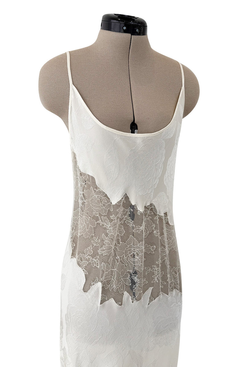 Prettiest 1990s Valentino Ivory Bias Cut Silk Lace Slip w Lace Inset & Floral Weave