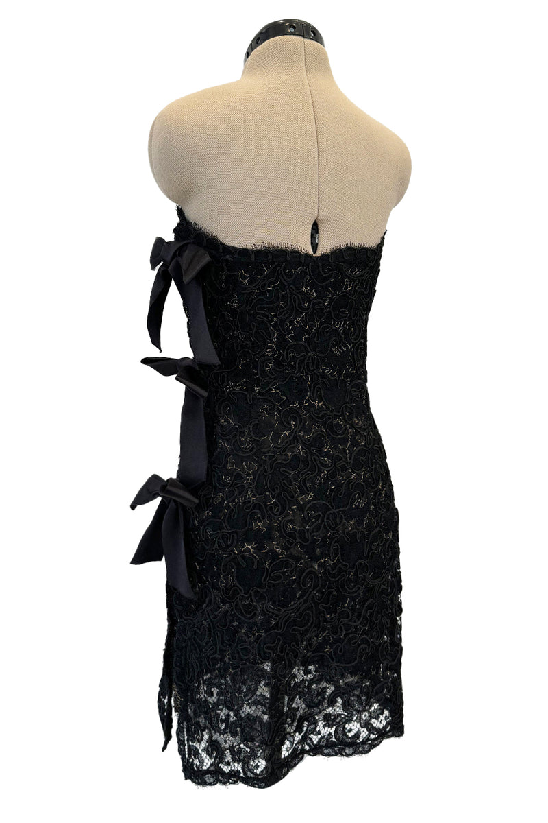 1994 Yves Saint Laurent Black Strapless Gold & Black Cord Dress w Side Bows