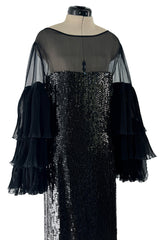 Killer 1980s Louis Feraud Black Sequin Dress w Amazing Tiered Silk Chiffon Sleeves