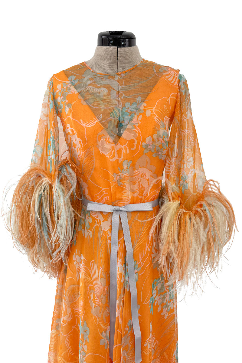 Exquisite 1960s Harry Algo printed Peach Silk Chiffon Dress w Feather Detailing