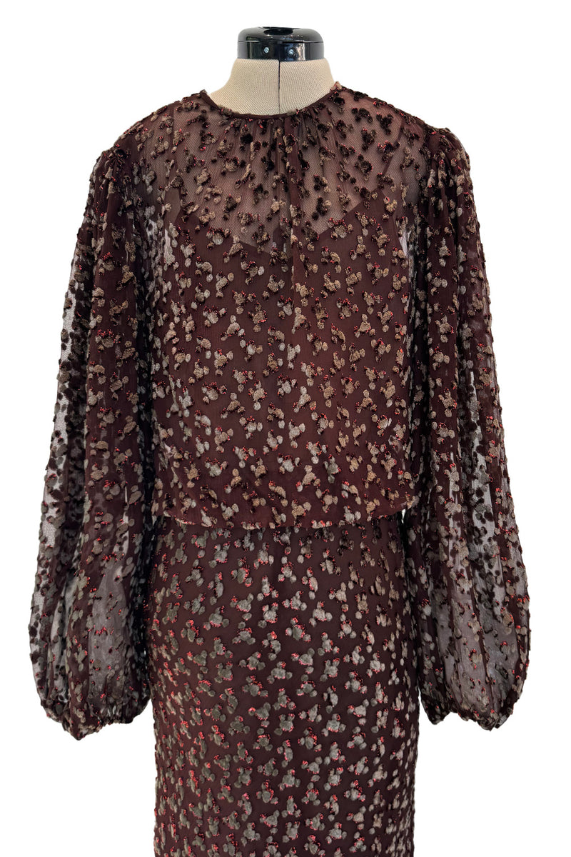 Beautiful 1980s Oscar de la Renta Metallic Fused Velvet on Silk Chiffon Dress w Balloon Sleeves