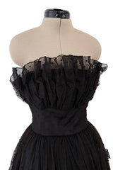 Prettiest 1960s Arnold Scaasi Black Strapless Dotted Net Dress w Flower Appliques