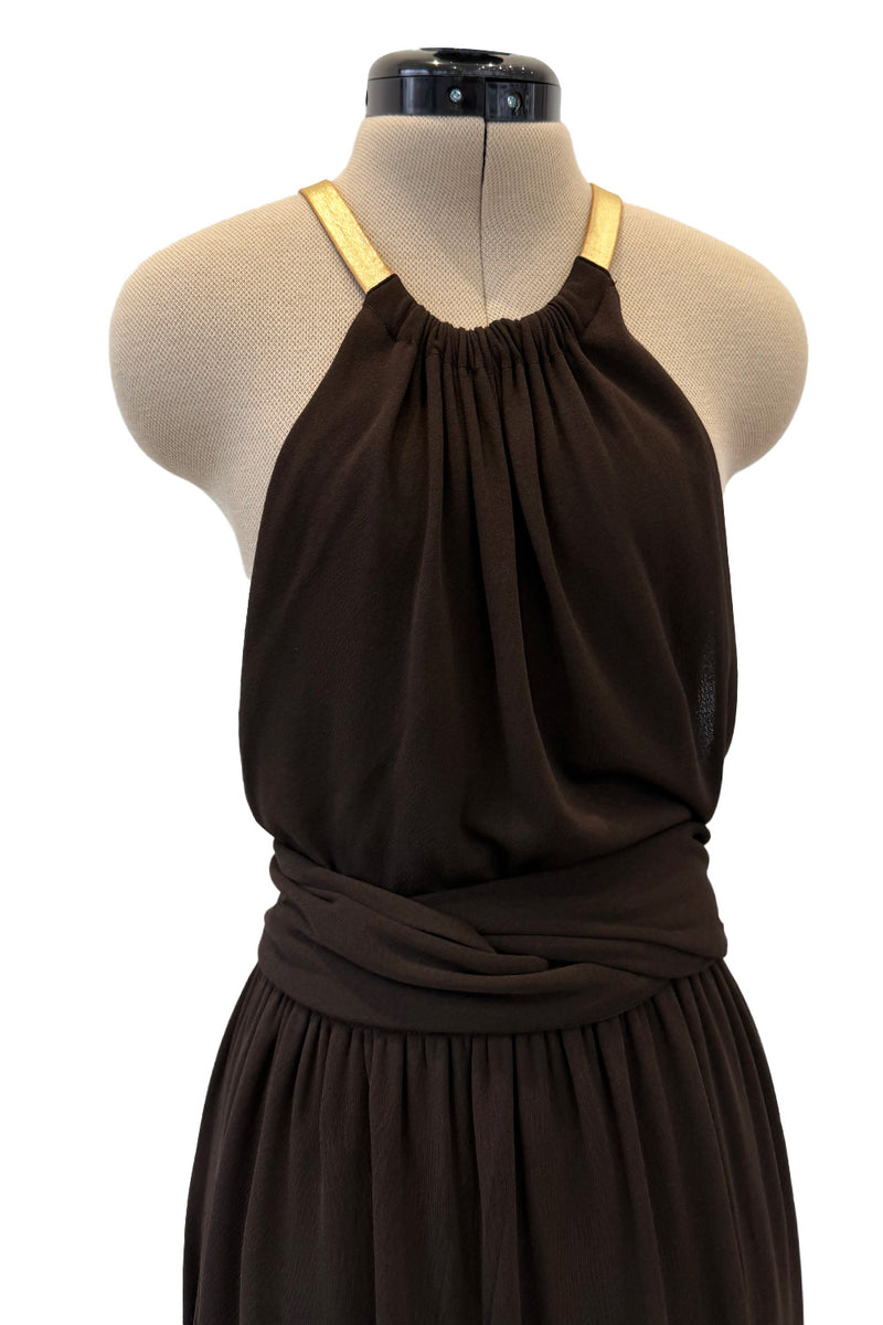 Fall 1975 Yves Saint Laurent Runway Brown Silk Jersey Backless Dress w Gold Leather Straps