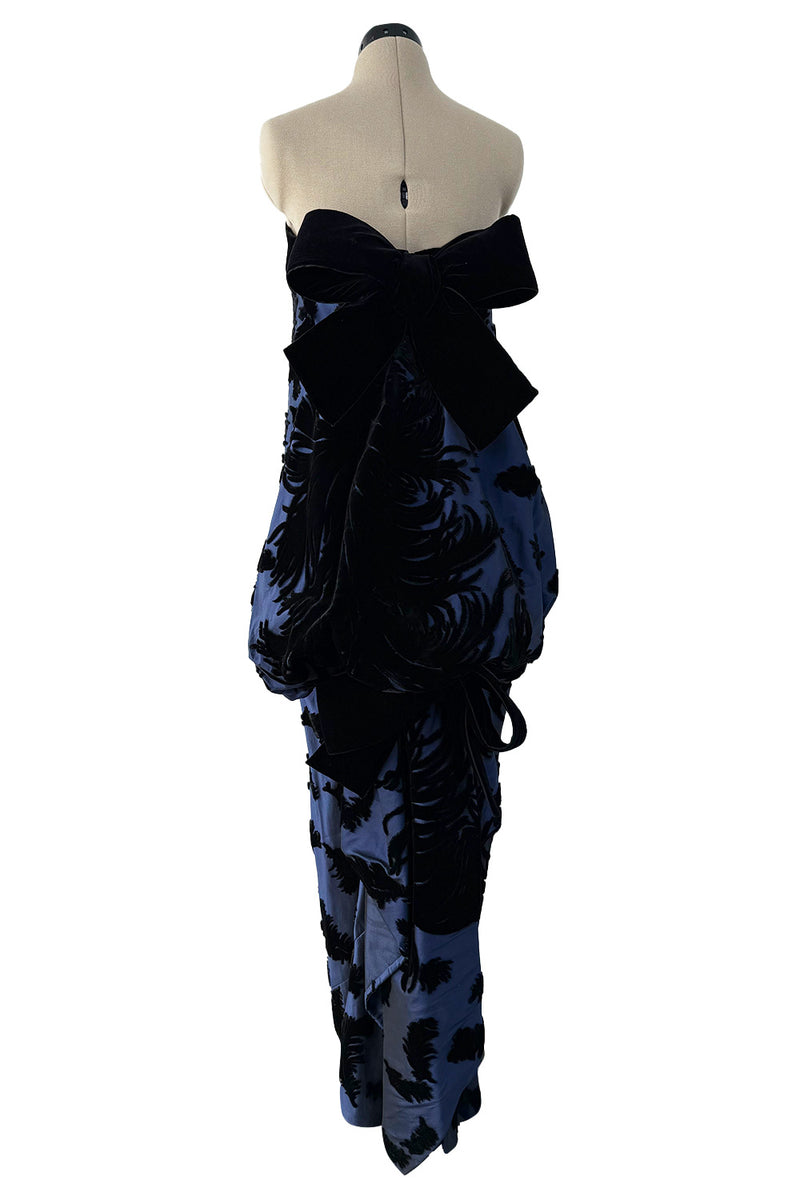 Incredible Fall 1987 Bill Blass Runway Deep Blue Silk & Black Velvet Dress w Back Bustles & Bows