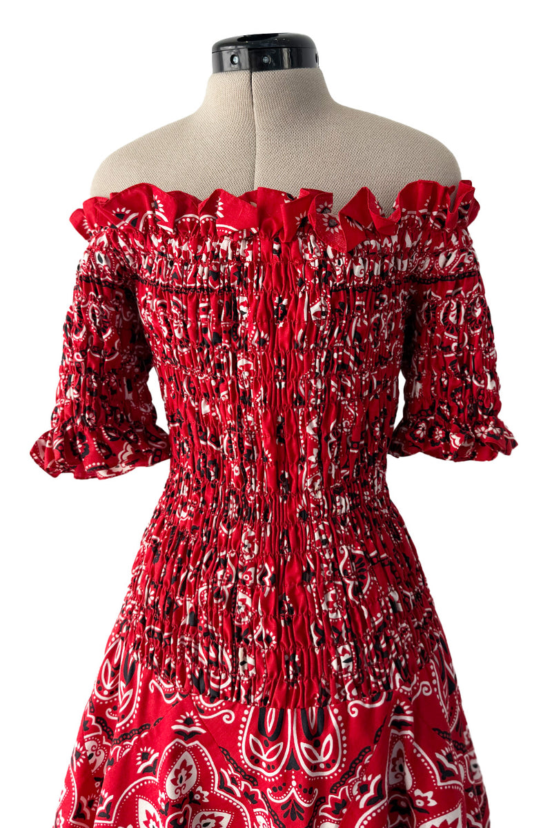 Amazing 1971 Oscar de la Renta Bandana Handkerchief Dress w Elastic Off Shoulder Bodice